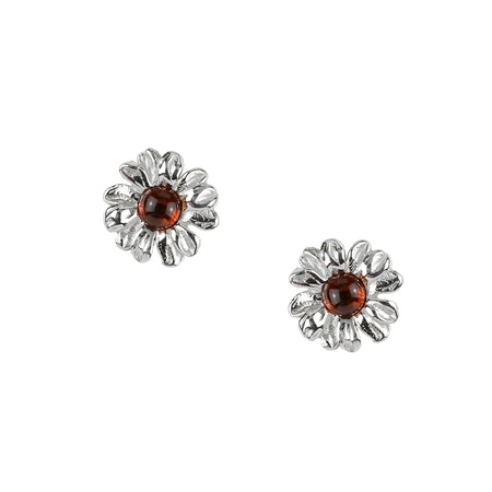Silver  earrings with amber  - daisy