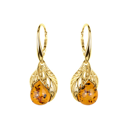 Silver earrings with amber - leaf