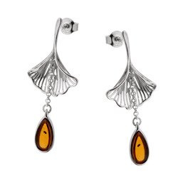 Kolczyki srebrne z bursztynem - Ginkgo - liść miłorzębu