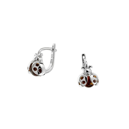 Silver earrings with amber - Ladybug