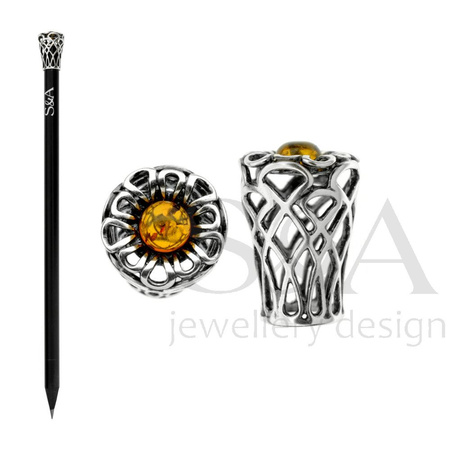 Pencil with silver element and amber