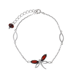 Silver bracelet with amber - dragonfly