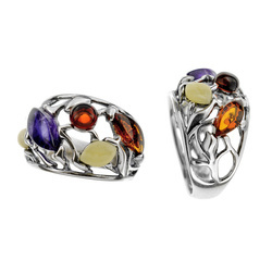 Silver ring with amethyst and quartz