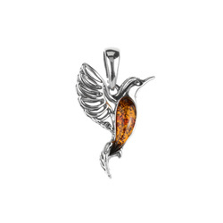 Silver pendant with amber - hummingbird