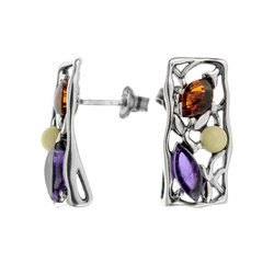 Silver earrings with amber and amethyst