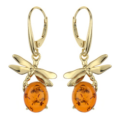Silver earrings with amber - Dragonfly