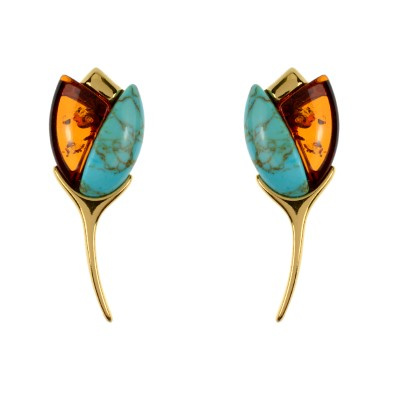 Silver earrings with amber and turquoise Tulip