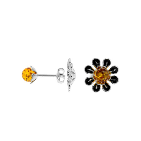 Silver earrings with amber - rose, flower