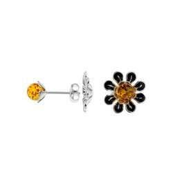 Silver earrings with amber - rose, flower