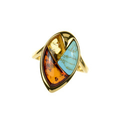 Silver ring with amber and turquoise