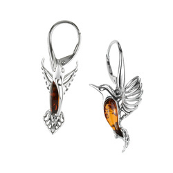 Silver earrings with amber - hummingbird