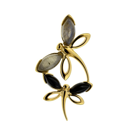 Gold plated pendant with labradorite and onyx - dragonfly