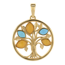 Silver pendant with turquoise and amber