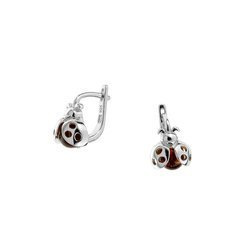 Kolczyki srebrne dla dziewczynki z bursztynem - biedronka