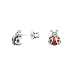 Silver earrings with amber - Ladybug