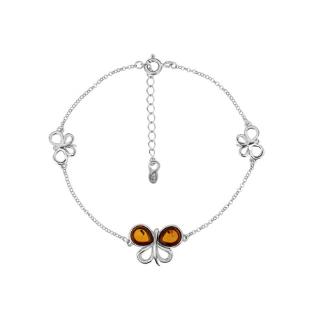 Silver bracelet with amber - butterfly